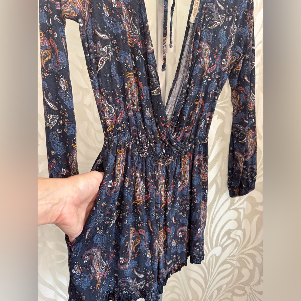 Mimi Chica Romper Navy Paisley Long Sleeve V Neck with Ruffled Shorts